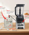 Heavy Duty 2000W Step Up Transformer 110V To 220V Voltage Converter For 220 To 240V European And Asian Appliances Used In US Canada Mexico Safe Surge Protection Ideal For Home And Travel beside a blender showing usage steps on a wooden counter.