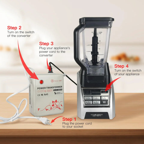 Heavy Duty 2000W Step Up Transformer 110V To 220V Voltage Converter For 220 To 240V European And Asian Appliances Used In US Canada Mexico Safe Surge Protection Ideal For Home And Travel beside a blender showing usage steps on a wooden counter.