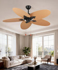 52-Inch Tropical Palm Leaf Ceiling Fan (No Light) with 5 Hand-Woven Rattan Blades in stylish living room setting.