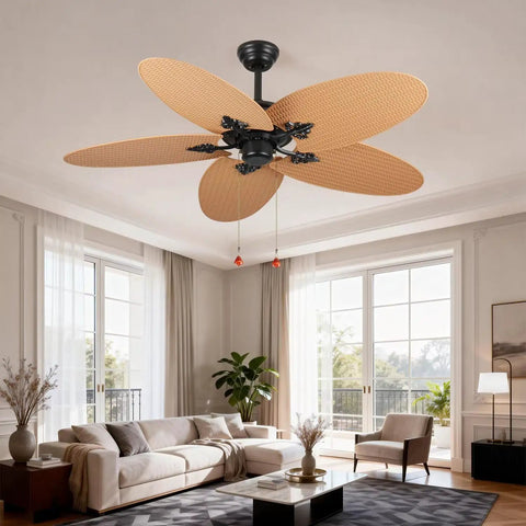 52-Inch Tropical Palm Leaf Ceiling Fan (No Light) with 5 Hand-Woven Rattan Blades in stylish living room setting.