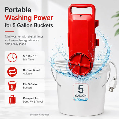 Hassle Free Portable Bucket Washer Fits 5 Gallon Cans Fast Cycle Mini Laundry Agitator with digital timer on 5-gallon bucket.