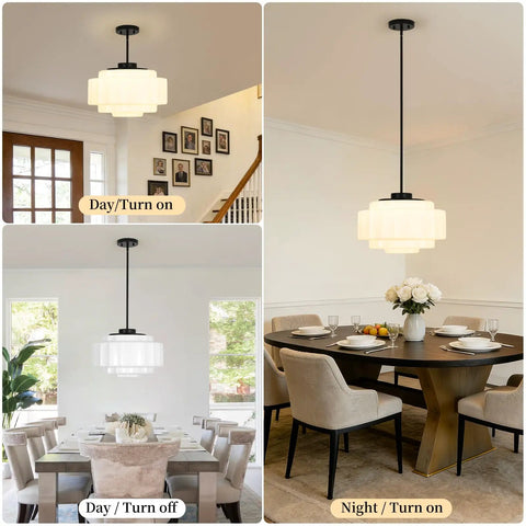 puncoll Vintage Black Milk Glass Pendant Light, 15.7'' White Chandelier in dining room with table set, turned on at night.