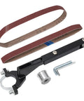 Badass Toolkit Transforms Your Model 100 Angle Grinder Into A Super Versatile Belt Sander Using This Nifty Sanding Belt Attachment and Precision Wrenches for Hella Smooth Woodworking or Metal Polishing Jobs, includes black adapter, sanding belts, and wrenches.