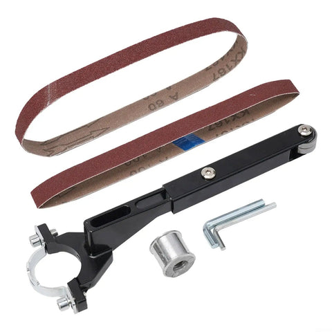 Badass Toolkit Transforms Your Model 100 Angle Grinder Into A Super Versatile Belt Sander Using This Nifty Sanding Belt Attachment and Precision Wrenches for Hella Smooth Woodworking or Metal Polishing Jobs, includes black adapter, sanding belts, and wrenches.