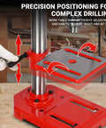 8 Inch Benchtop Drill Press With Laser Alignment showing 0 to 45 degree tilting table, ideal for precise wood and metal drilling.