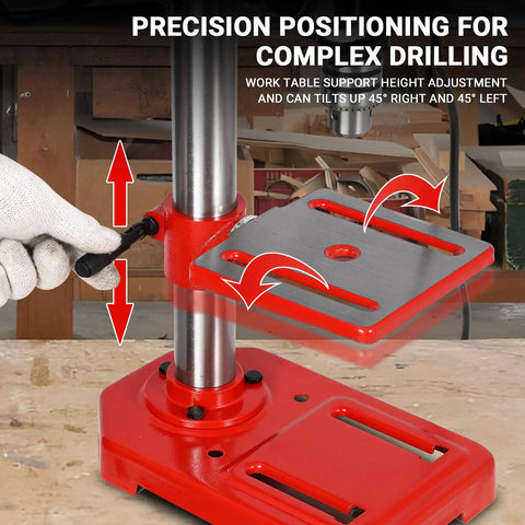 Adjustable table mechanism of the 8 Inch Benchtop Drill Press With Laser Guide And Bright LED Work Light, tilting for precise drilling.