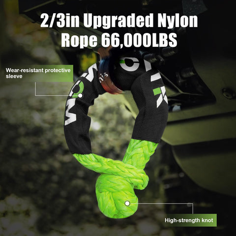 Two Pack Beefy Synthetic Soft Shackles Three Quarter Inch By Twenty Three Inch With Sixty Six Thousand Pounds Break Strength For Off Road Recovery Tow Rigging Marine Green attached to vehicle