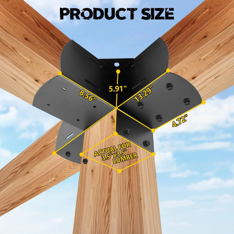 Four Way Right Angle Pergola Brackets For 4x4 Wood Beams With Hardware, Heavy Duty 14GA Steel, Matte Black Finish, Weather Resistant Outdoor DIY Woodwork For Gazebos, Hammocks, Patios, Cabins, 4 Pack