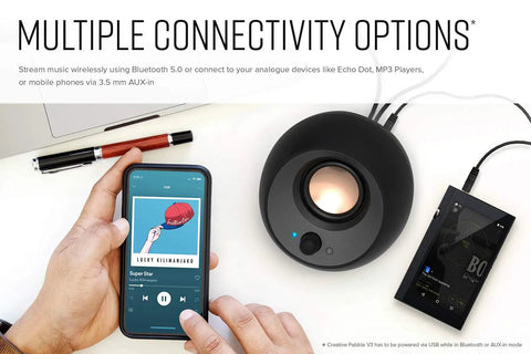 Minimalist USB-C Desktop Speakers With Bluetooth 5.0, smartphone streaming music, small speaker on desk, connectivity options