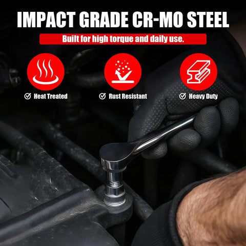Low Profile Impact Socket Adapter Set For Tight Spaces With Cr Mo Steel Ratchet Converters To Go From 1/4 In To 3/8 In, 3/8 In To 1/2 In, 1/2 In To 3/4 In And 3/4 In To 1 Inch Like A Total Boss used in engine bay