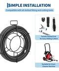 Heavy Duty 100ft Drain Snake With Quick Change Cutter Heads Power Drill Compatible Sewer Auger and cutting tools for installation.