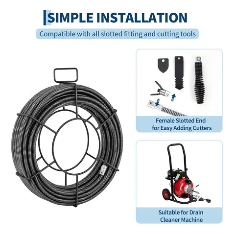 Heavy Duty 100 Foot Drain Snake Cable in coil, designed for drain cleaner machines, made from durable manganese steel.
