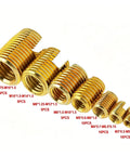 Self-Tapping Thread Inserts Kit, 50-Piece Brass Set, M3 to M12 Range, Heavy-Duty Repair and Reinforcement for Metal Threads, Includes Storage Box for Easy DIY Organization; brass inserts sizes shown