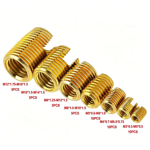 Self-Tapping Thread Inserts Kit, 50-Piece Brass Set, M3 to M12 Range, Heavy-Duty Repair and Reinforcement for Metal Threads, Includes Storage Box for Easy DIY Organization; brass inserts sizes shown