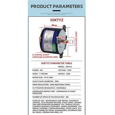 Specification sheet for DIY Friendly Setup-Ready Universal AC 110V/220V 6W Permanent Magnet Synchronous Motor With Capacitor And Speed Reducer, 2.5RPM Bracket, Great For RC Cars, DIY Projects, Small Appliances featuring details and measurements.