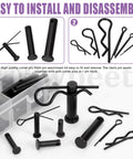 100 Piece Clevis Pin And Cotter Pin Kit with 10 sizes, black flat head pins, R pins, and split pins in a plastic case.
