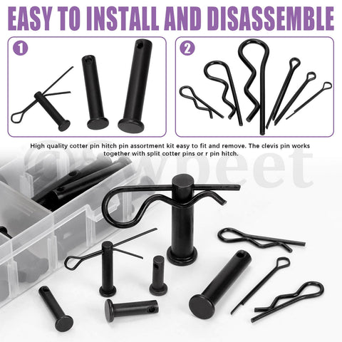 100 Piece Clevis Pin And Cotter Pin Kit with 10 sizes, black flat head pins, R pins, and split pins in a plastic case.