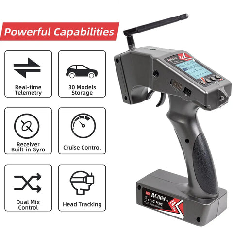 Beefed Up 7 Channel RC Transmitter With Waterproof Gyro Receiver And Surface Remote, showing real-time telemetry and cruise control features.