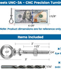 Set Of Five Eye Bolts With One Quarter Inch Thread Three Inch Overall Length T316 Stainless Steel Marine Grade Includes Nuts Washers And Drill Bit Heavy Duty Shoulder Lifting Ring displayed with size chart and drill bit.