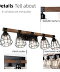 Five Light Farmhouse Vanity Light With Black Wood And Metal Cage For Bathroom Over Mirror, close-up on details and cage.