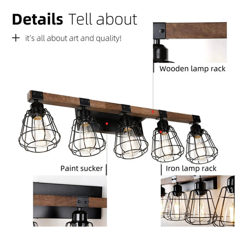 Five Light Farmhouse Vanity Light With Black Wood And Metal Cage For Bathroom Over Mirror, close-up on details and cage.