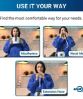 Person using Breathing Trainer With Warm Steam And Adjustable Resistance For Daily Comfort App Guided Sessions Complete Kit.