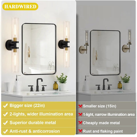 Black And Gold Wall Sconces Set Of Two With Thick Clear Glass Shades Modern Bathroom Lighting For Mirror Vanity