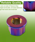 Set Of Six Rugged Titanium Motorcycle Axle Nuts With Grippy Burnt Blue Finish And M12x1.5 Thread For Custom Cruisers And Daily Riders Who Wanna Roll Tight And Keep The Rig Secure, showcasing precise details and vibrant colors.
