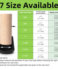 Chart featuring 7 sizes of Heavy Duty Rubber Chair Leg Tips With One Inch Interior Non Slip Floor Protectors for precise fits.