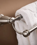 Close-up of Double 24 Inch Towel Bar in Brushed Nickel for Bathroom Must Have Banbury Collection Style Wall Mount with white towels