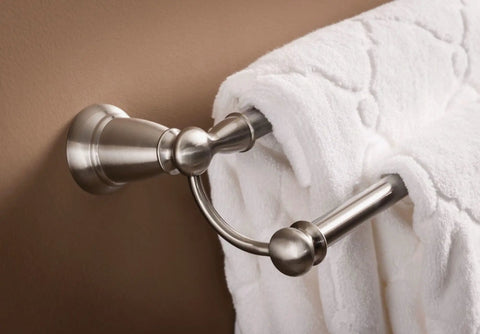 Close-up of Double 24 Inch Towel Bar in Brushed Nickel for Bathroom Must Have Banbury Collection Style Wall Mount with white towels