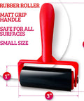 Red rubber roller tool with measurements, 4 inches tall, 3-inch roller, 1-inch grip, safe for all surfaces, matt grip handle