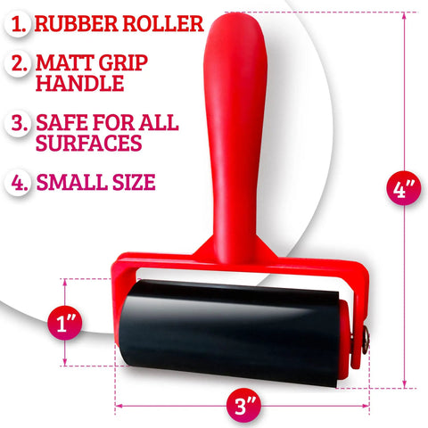 Red rubber roller tool with measurements, 4 inches tall, 3-inch roller, 1-inch grip, safe for all surfaces, matt grip handle