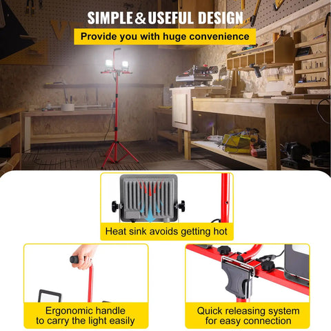 Daylight Bright Dual Head LED Work Light With Adjustable Foldable Tripod Stand in workshop setting