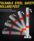 Beefy Foldable Steel Parking Bollard Post With Secure Lock And Bold Warning Stripes For No Sweat Driveway Garage and Street Traffic Control Effortless Setup Barrier In Matte Gray displayed in multiple angles.