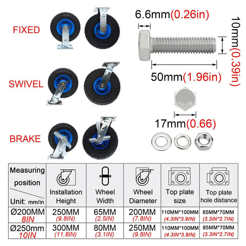 Premium Heavy Duty Fixed Caster Wheels With Thick Rubber Tires Eight Inch And Ten Inch Industrial Rollers Galvanized Steel Brackets above wheels and hardware