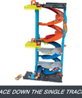 Two-In-One City Race Track Set With A Transforming Race Tower From Single Lane To Dual Lane Speedway Includes A Kid-Powered Elevator And 1 Car Amazon Exclusive Toy Playset For Kids showing single-lane mode with car at base.