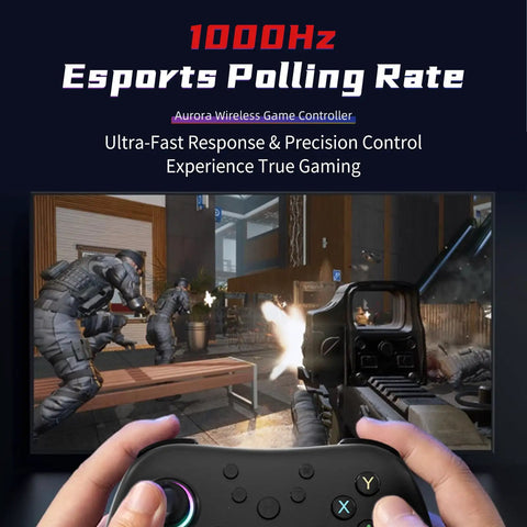 Aurora II 2.4G Wireless Bluetooth Controller for gaming, held by hands with FPS game on screen, showcasing precision control.