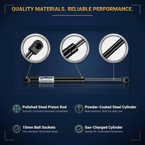 Beefy Heavy Duty 12 Inch 30 Lb Gas Strut Lift Supports features include polished steel rod and powder-coated cylinder