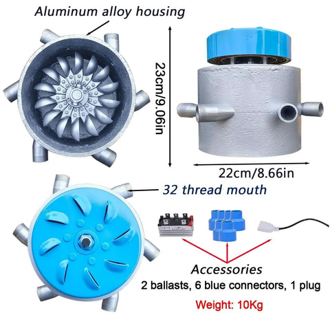 3kW 110V To 230V Hydroelectric Water Turbine Generator with aluminum housing, six nozzle design, shown with dimensions and accessories.