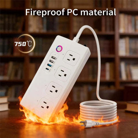 Slick WiFi Smart Power Strip With Eight Plug And Play Outlets Delivering Solid Surge Protection Alongside Pd 20W USB C Fast Charging That Plays Nice With Alexa Or Google For Hassle Free Home Setup on fireproof surface, showing four AC outlets and USB ports.