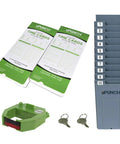 Small Business Starter Time Clock Bundle with Employee Punch Clock System Loaded with One Hundred Time Cards Secure Rack and Premium Ribbon for Legit Accurate Payroll Tracking No Sweat Setup and Straight Up Reliable Performance with time cards, punch keyer, and secure rack.