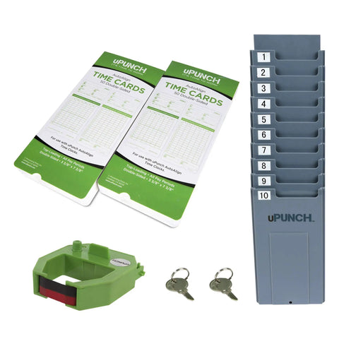 Small Business Starter Time Clock Bundle with Employee Punch Clock System Loaded with One Hundred Time Cards Secure Rack and Premium Ribbon for Legit Accurate Payroll Tracking No Sweat Setup and Straight Up Reliable Performance with time cards, punch keyer, and secure rack.