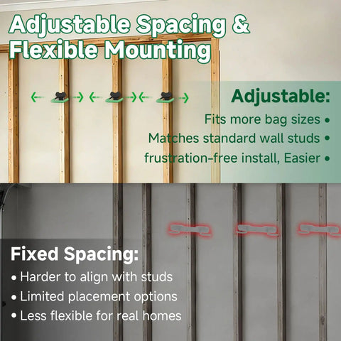 Two Pack Wall Mount Full Size Golf Bag Hangers For Garage Setup Space Saving Storage Heavy Duty Steel Golf Bag Holder Easy Install Adjustable Organizer with adjustable and fixed mounting options shown.