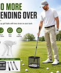 Golf Ball Picker Upper With Cleaning Towel, Turf Friendly 5 Spring Base, No Bend Pickup on golf course with golfer using mesh basket