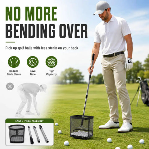 Golf Ball Picker Upper With Cleaning Towel, Turf Friendly 5 Spring Base, No Bend Pickup on golf course with golfer using mesh basket