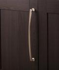 Solid Core Kitchen Cabinet Pulls in Satin Nickel 12 Inch Hole Center Bridges Collection with mounting hardware on dark cabinet door