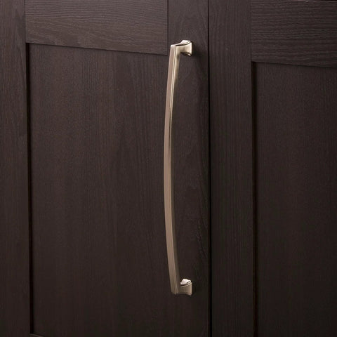Solid Core Kitchen Cabinet Pulls in Satin Nickel 12 Inch Hole Center Bridges Collection with mounting hardware on dark cabinet door