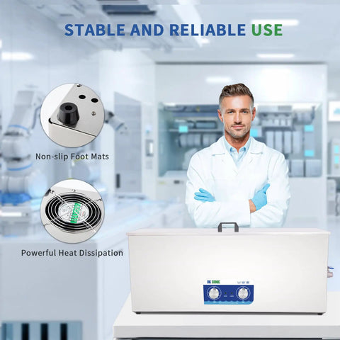 Garage Ready 30 Liter Ultrasonic Cleaner With Heater And Timer, shown with non-slip mats and heat dissipation features.