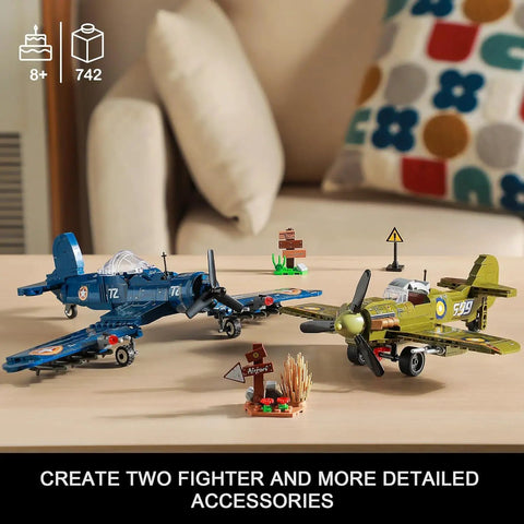 Brick Compatible WW2 Fighter Plane Building Kit Set featuring F4U Corsair and Spitfire with accessories on a table.